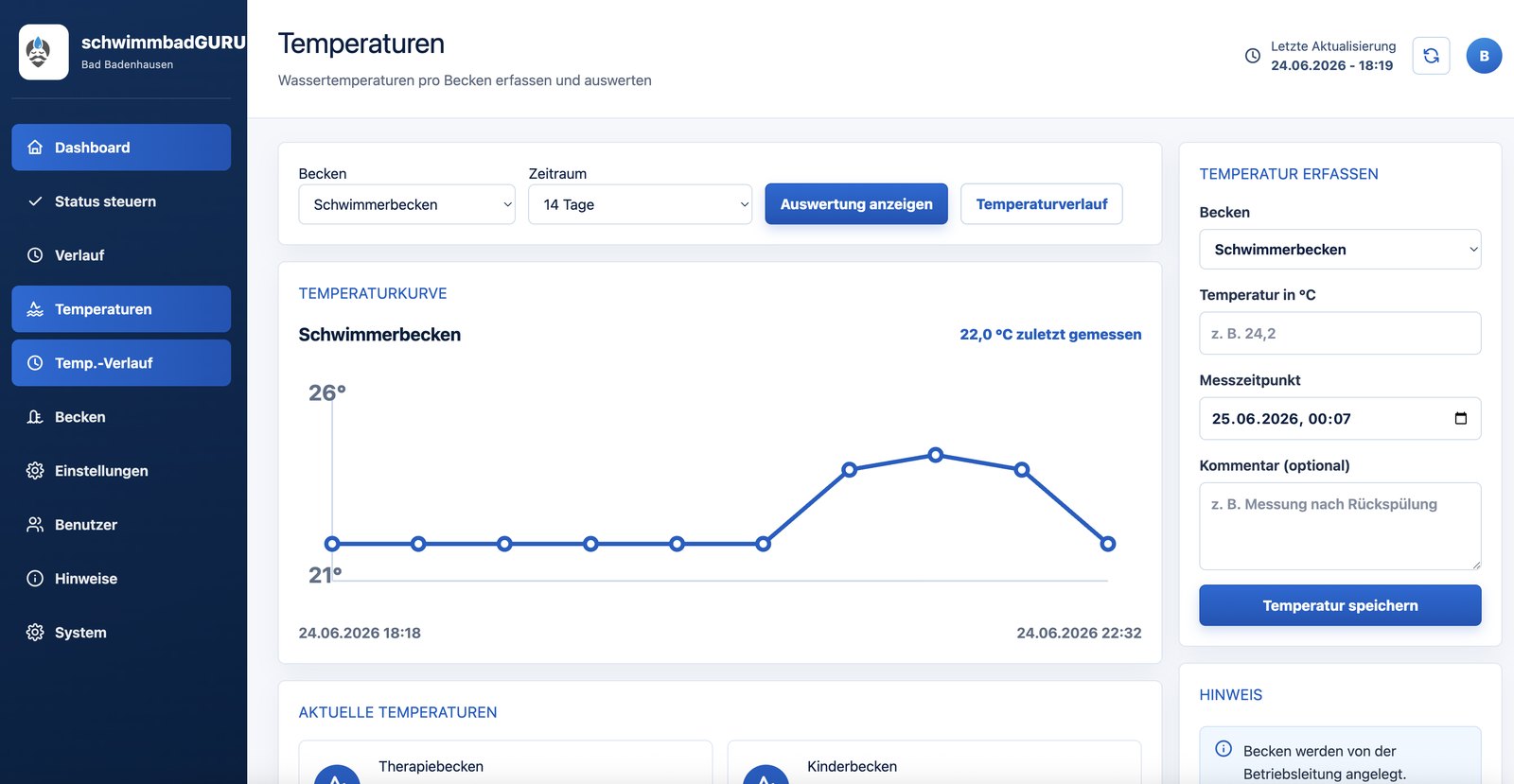 Temperaturerfassung pro Becken